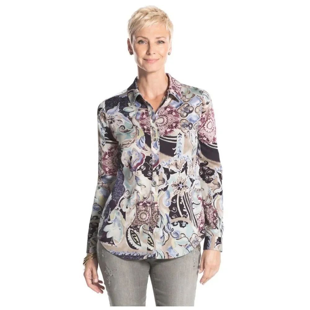 Chicos Mystic Mix Geneva BoHo Silky Shirt Blouse Button Down Paisley Size Small